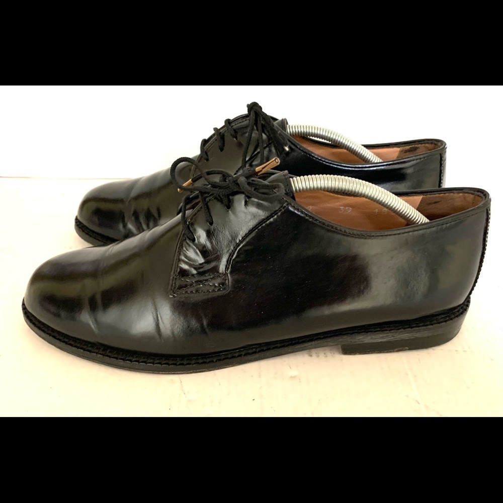 Shiny black Italian leather woman mocasines flat shoes with lace Eur 39 US 8-8.5 - Picture 3 of 8